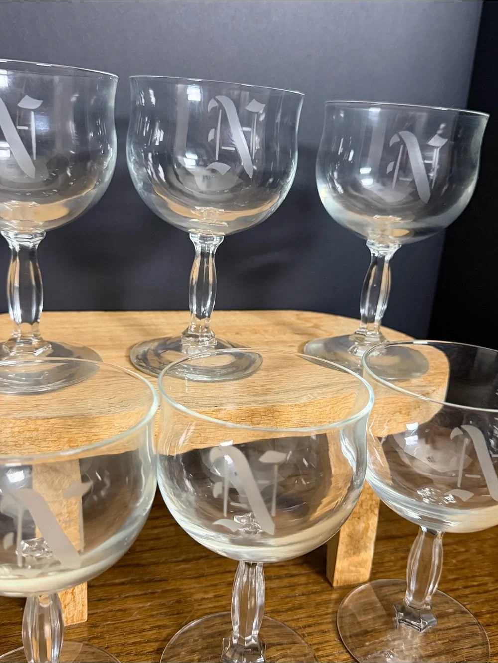 Vintage Monogram N Goblets Set of 6 Etched Wine Glasses Art Deco Style Barware‎